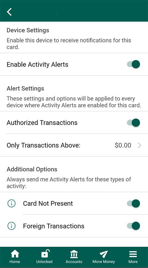 Example Card Activity Alert Screen in Evergreen Credit Union Mobile App